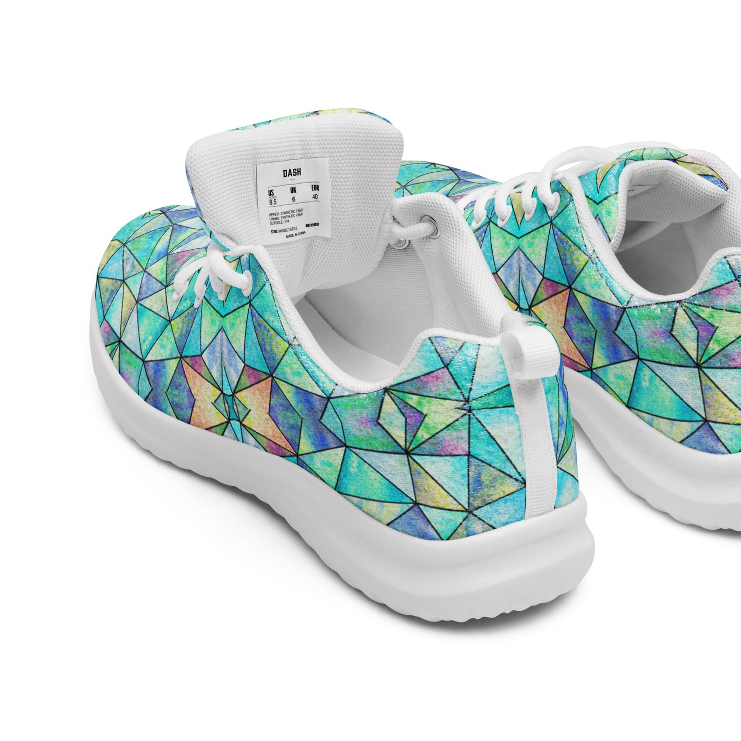 DASH Geo Mosaic Aqua Men’s Athletic Shoes Lightweight Breathable Design by IOBI Original Apparel