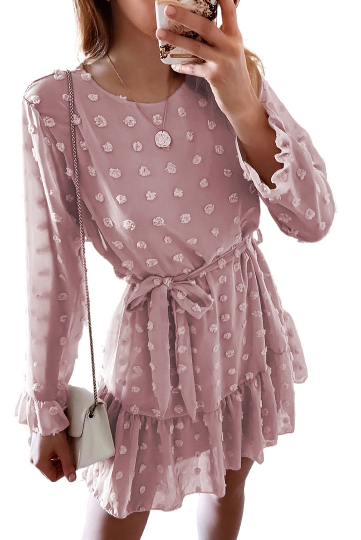 Pink Crew Neck Fuzzy Polka Dot Ruffled Mini Dress With Belt