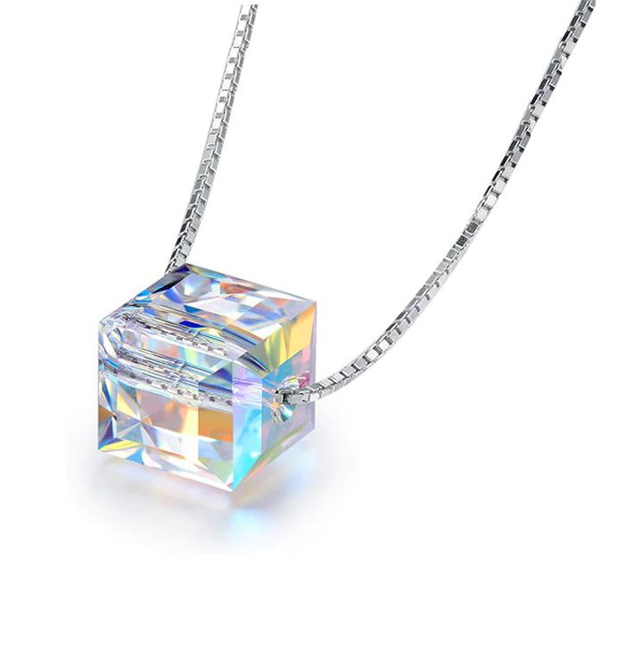 Color Magic Austrian Crystal Cube Necklace 14K White Gold plated Box Chain for Women Special Occasion Hoilday Birthday Everyday Wear