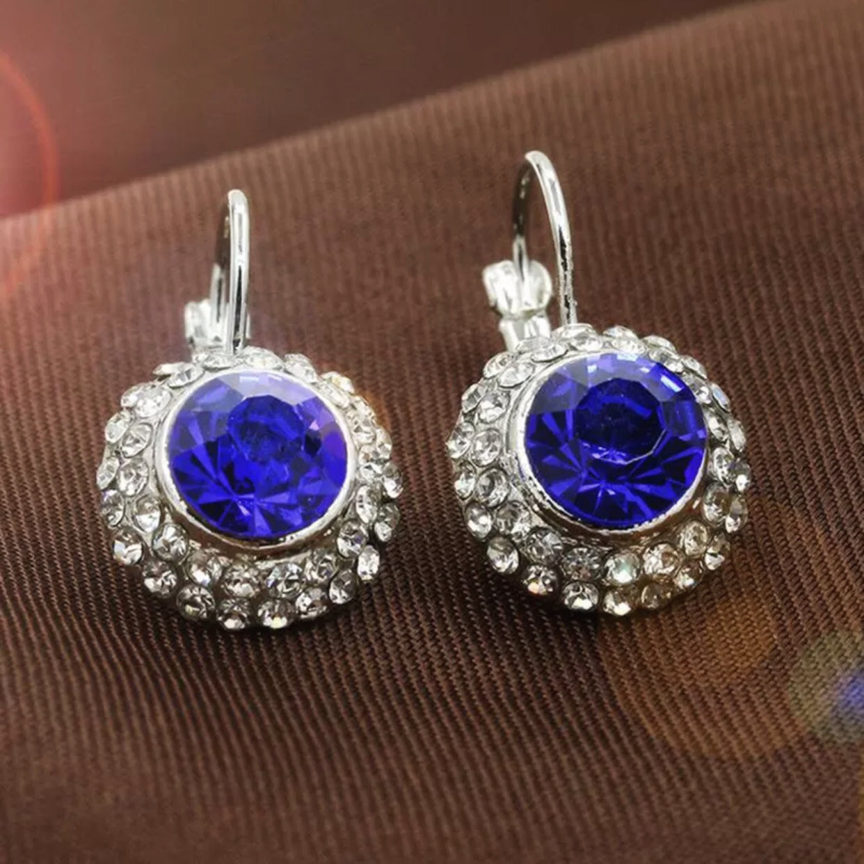 14K White Gold Sapphire Blue On White Gold Bezel Set IOBI Crystals Earrings for Woman