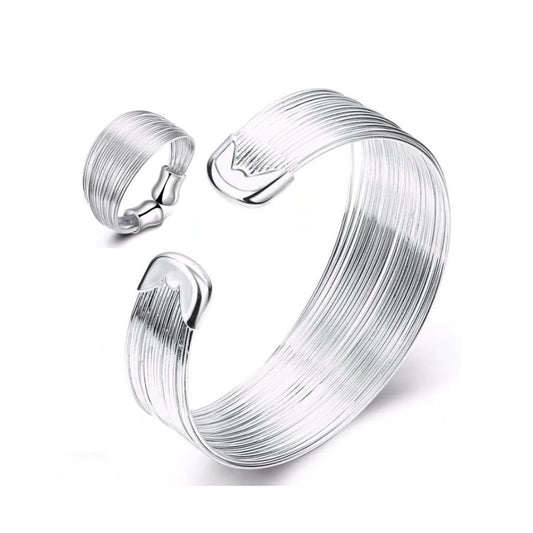 Silky Threads Sterling Silver Adjustable Ring and Matching Cuff Bracelet Set for Woman