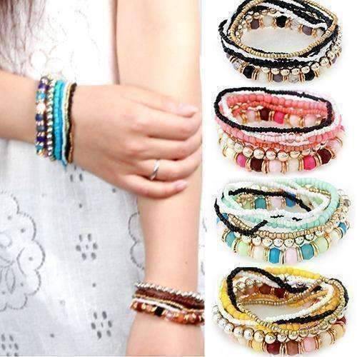 Women's Stretch Bracelets, Multi-layered Colorful Bead Bracelets