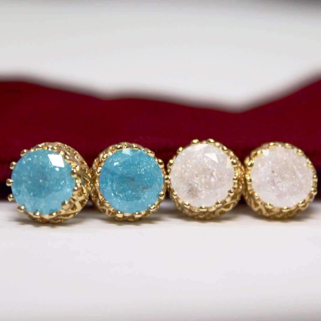 Feshionn IOBI Earrings Polished Druzy Quartz Gemstone Crown Set Stud Earrings - Your Choice of Color
