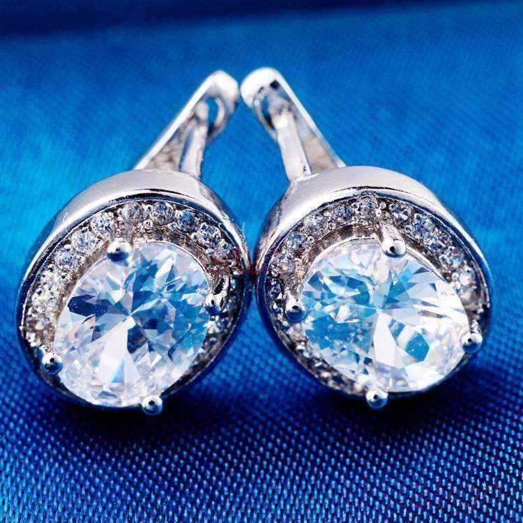 Feshionn IOBI Earrings Sapphire White Oval Solitaire Halo Earrings in Sapphire, Emerald, Topaz or White CZ
