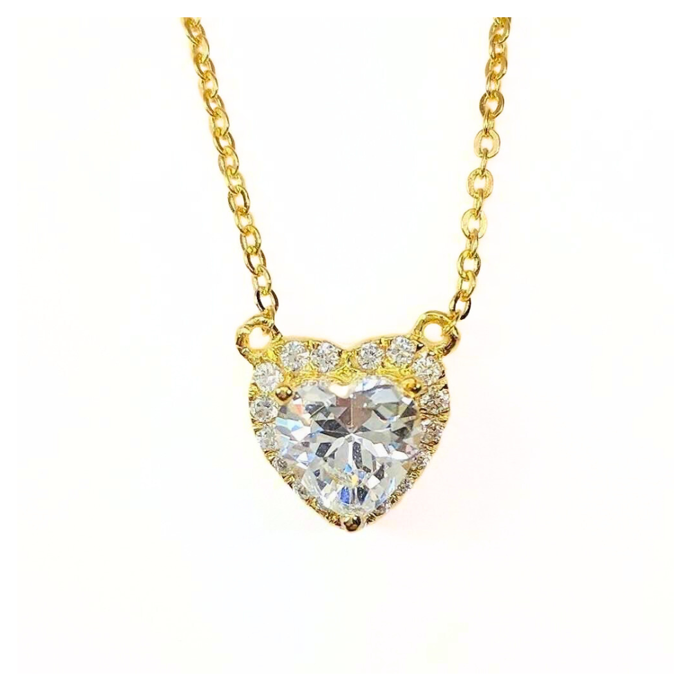 18K Gold plated Over Sterling 1CT Heart Halo IOBI Simulated Diamond Solitaire Pendant Necklace