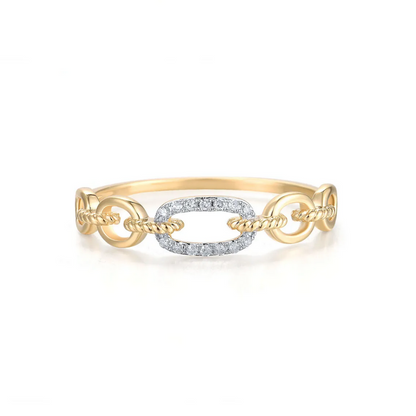 Cable Link 14K Solid Yellow Gold with 14 Natural Diamonds Ring Band for Women
