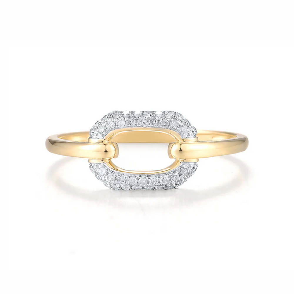 Iced Link 14K Solid Yellow Gold with Natural Diamonds Ring Band for Women