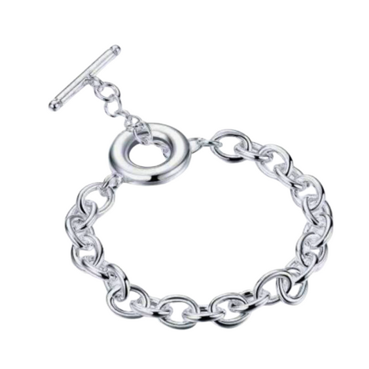 Oval Belcher Link Sterling Silver Toggle Charm Bracelet for Women
