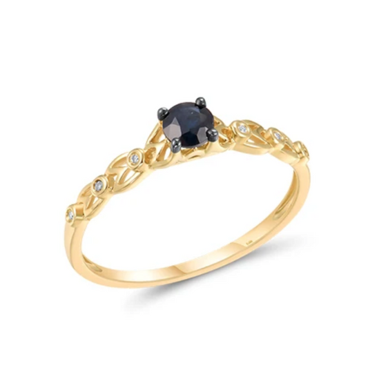 1/3 Carat Sapphire Solitaire 14K Solid Yellow Gold with Natural Diamonds Ring Band for Women
