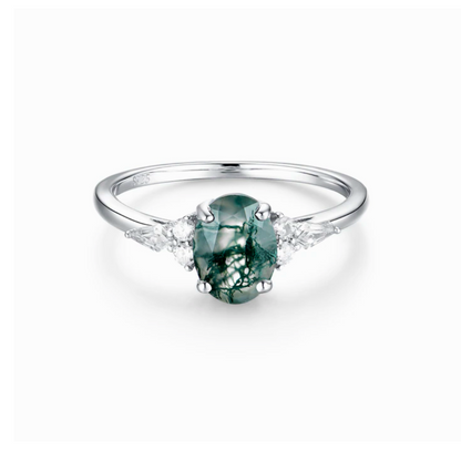 1.2Ct Oval Cut Natural Moss Agate Gemstone Ring Cz Accent With 14K Gold Plating Over Solid Silver for Women