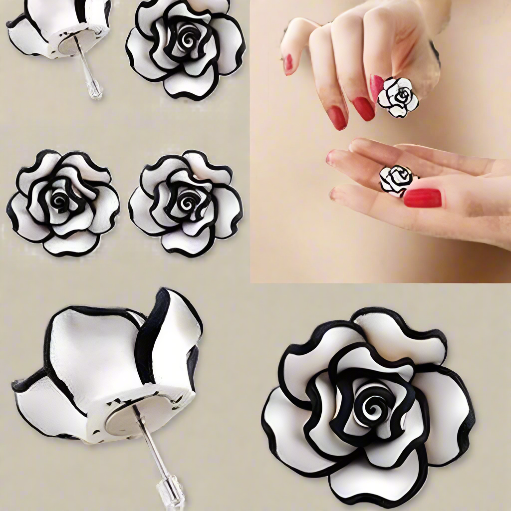 Black and White Rose Hand Crafted Clay Stud Earrings for Women 316 Steel Hypoallergenic