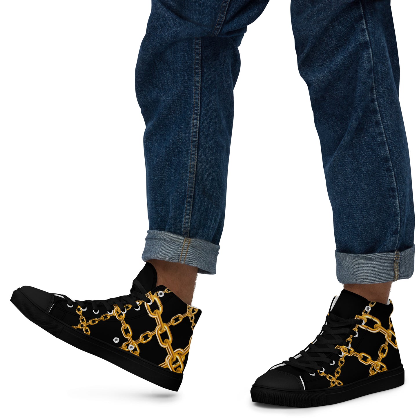 Steampunk Elegance: Black & Gold High Top Sneakers for Men - Unique Streetwear, Designer Canvas, Luxury Festival Footwear with Stylish Art Deco Chain Links