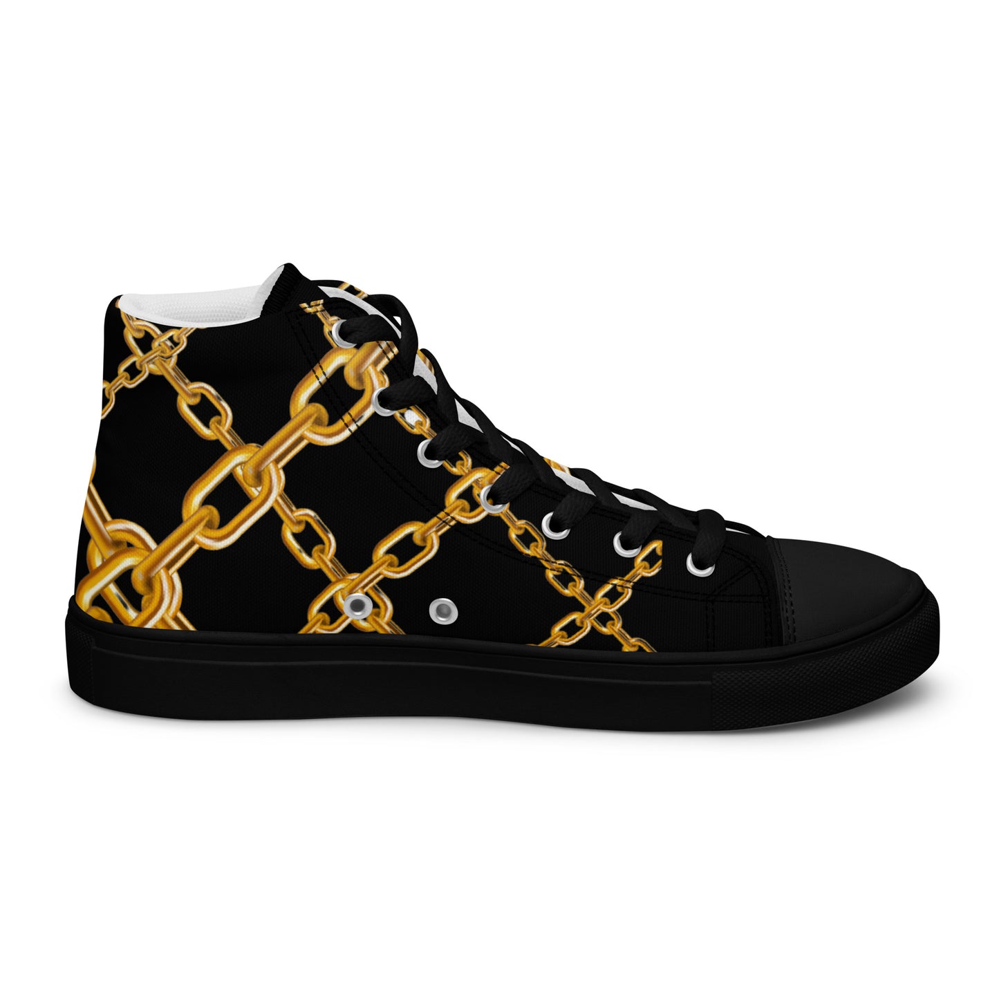 Steampunk Elegance: Black & Gold High Top Sneakers for Men - Unique Streetwear, Designer Canvas, Luxury Festival Footwear with Stylish Art Deco Chain Links