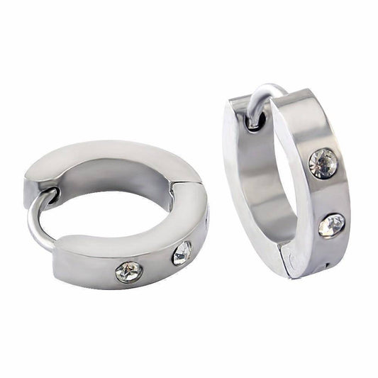 CZ Huggie Hoop Stainless Steel 13mm Earrings - For Men or Women