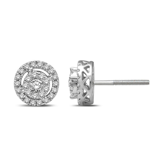 14K White Gold 2/5 Ct.Tw. Diamond Stud 3 Halo Glamour Earrings For Woman