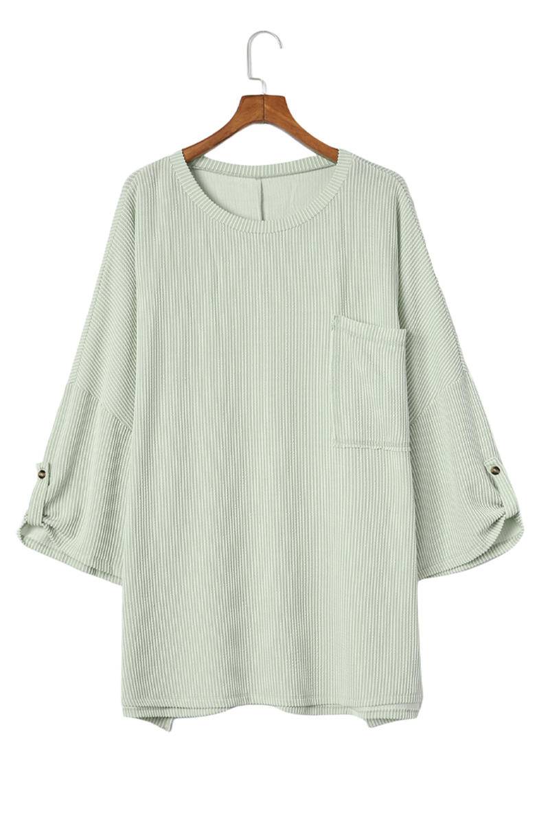 Corded Knit Roll-Tab Sleeve Oversize Top