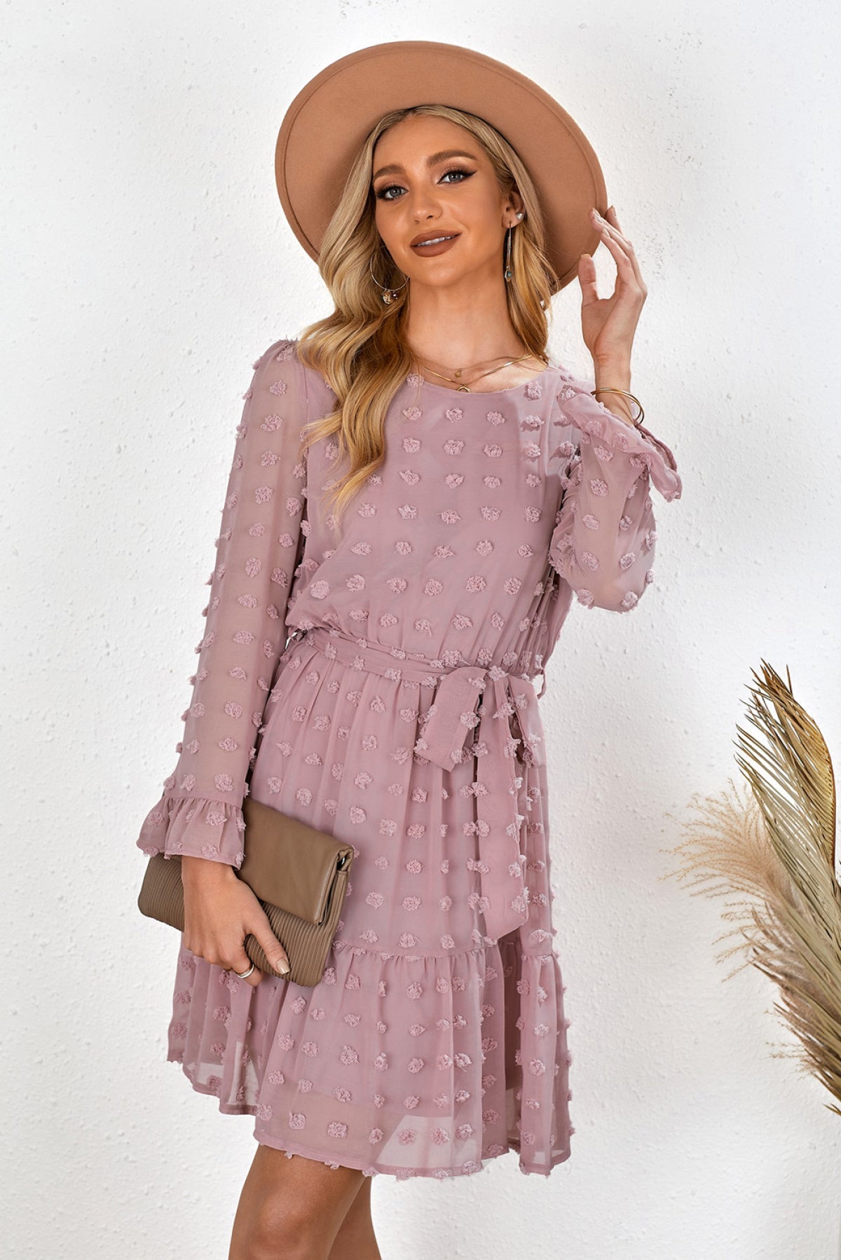 Pink Crew Neck Fuzzy Polka Dot Ruffled Mini Dress With Belt