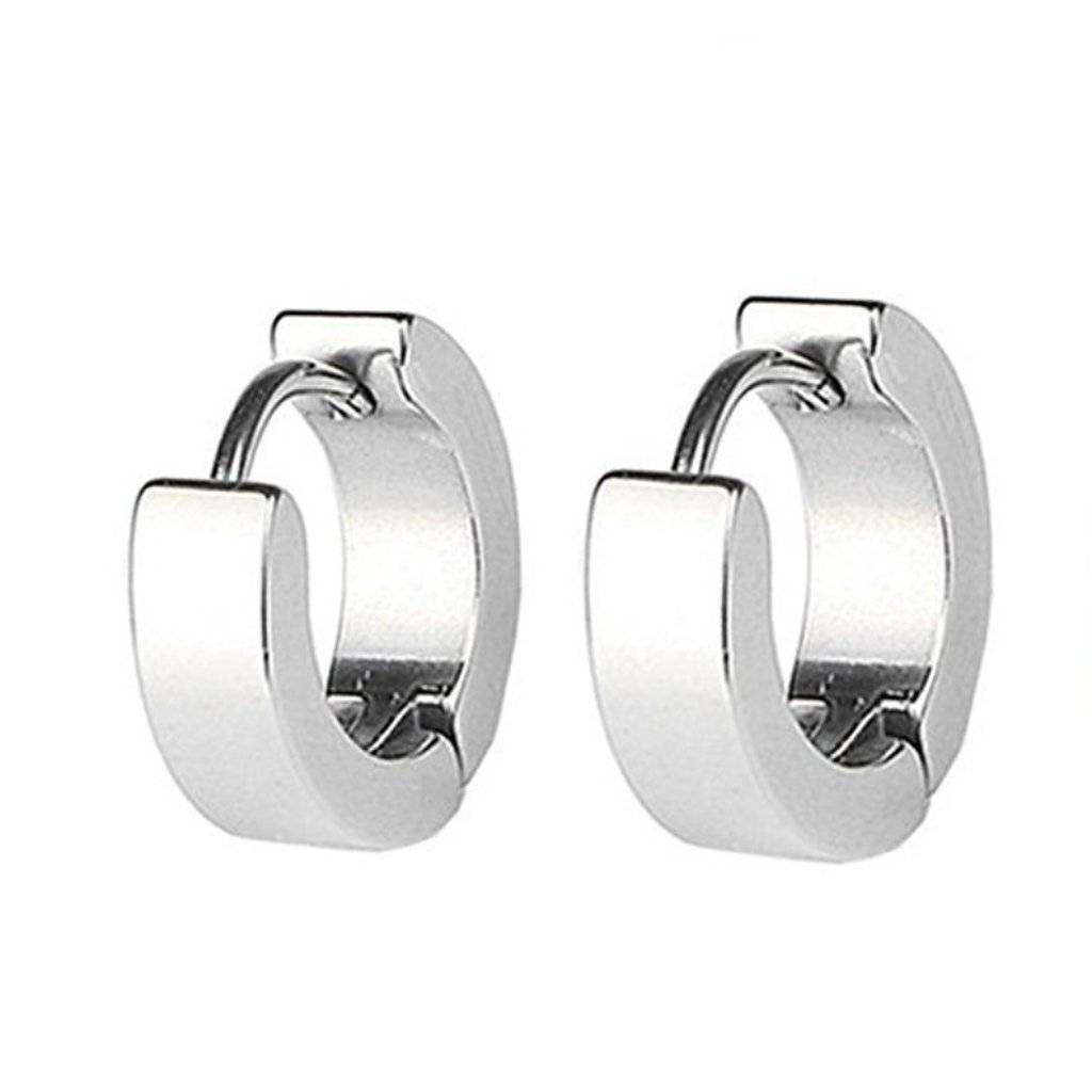 Polished 13mm Stainless Steel Huggie Hoop Earrings - For Men or Women