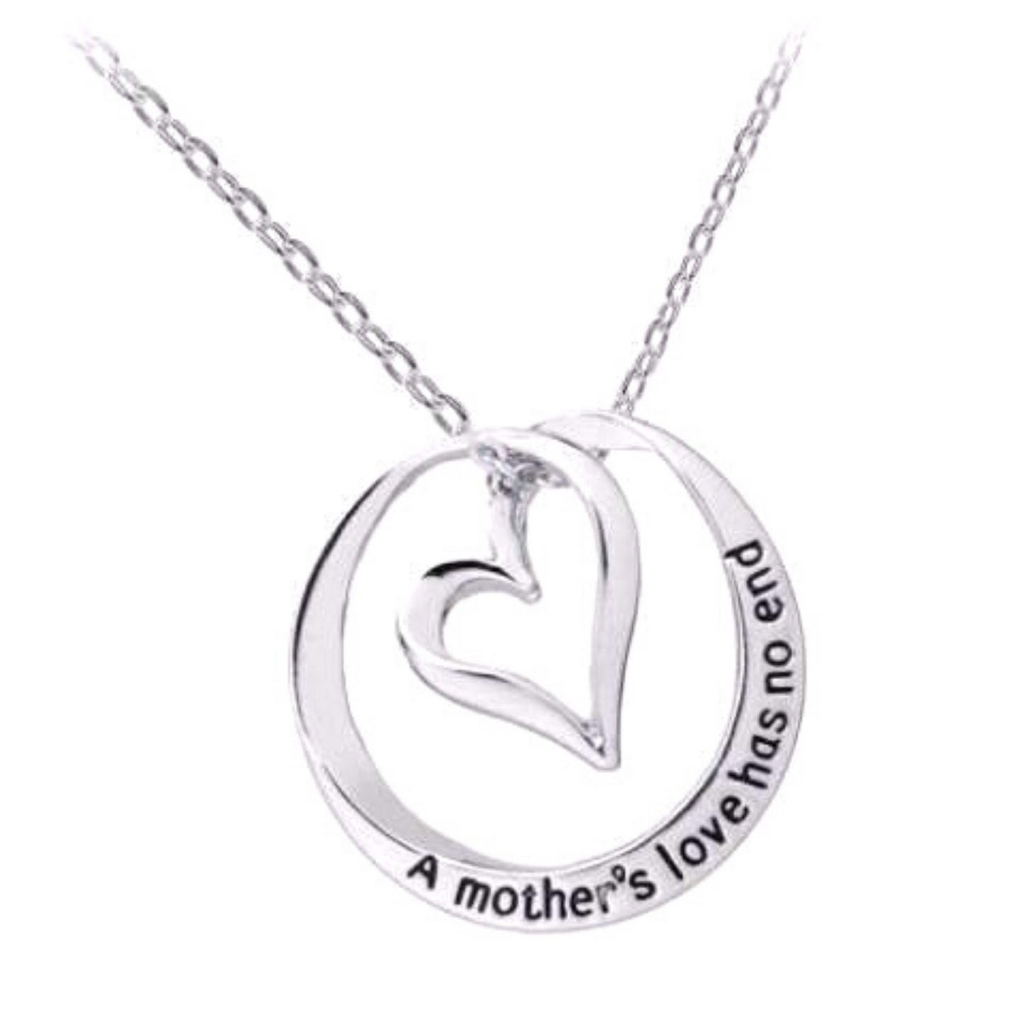 Mother's Love Has No End Inspirational Stamped Heart Necklace for Women Special Occasion in White Gold