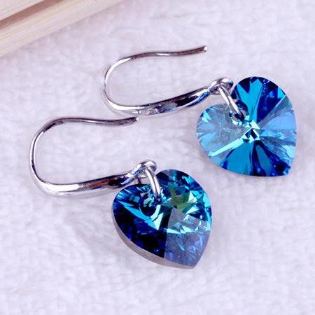 14K White Gold Plated Aqua Blue Austrian Crystal Heart Drill Earrings for Women