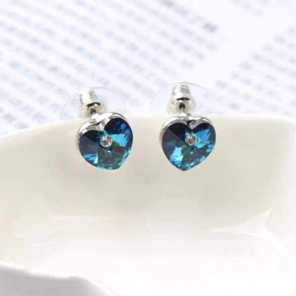 Aquamarine Austrian Crystal Heart Stud Earrings For Woman