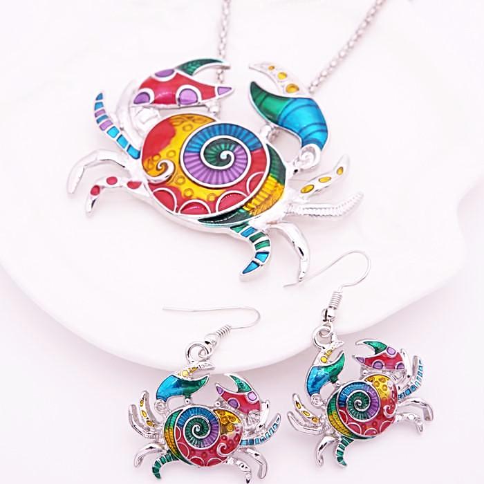 Artsy Crab Enamel Necklace and Earrings Set