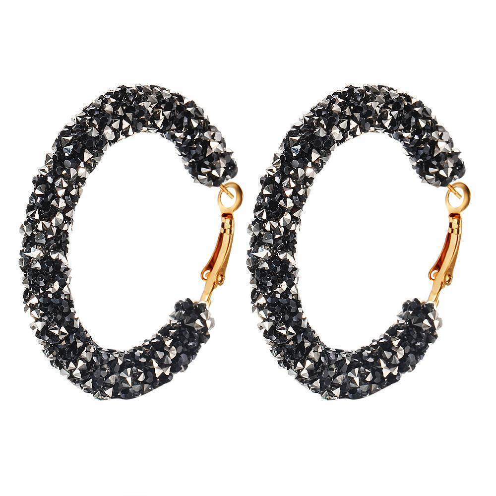 Fun-Tastic Crystal Bold Hoop Earrings for Women in Black, Iridescent Black, or Opalescent White
