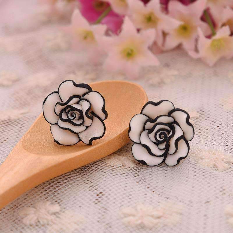Black and White Rose Hand Crafted Clay Stud Earrings for Women 316 Steel Hypoallergenic