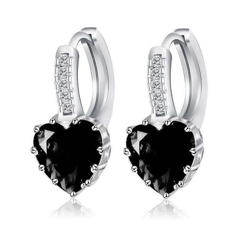 Heart Shaped Black Diamond CZ Solitaire Hoop Earrings For Woman