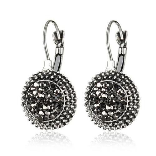 Black Crushed Sparkling Crystals Marcasite Vintage Style Lever Back Earrings for Women