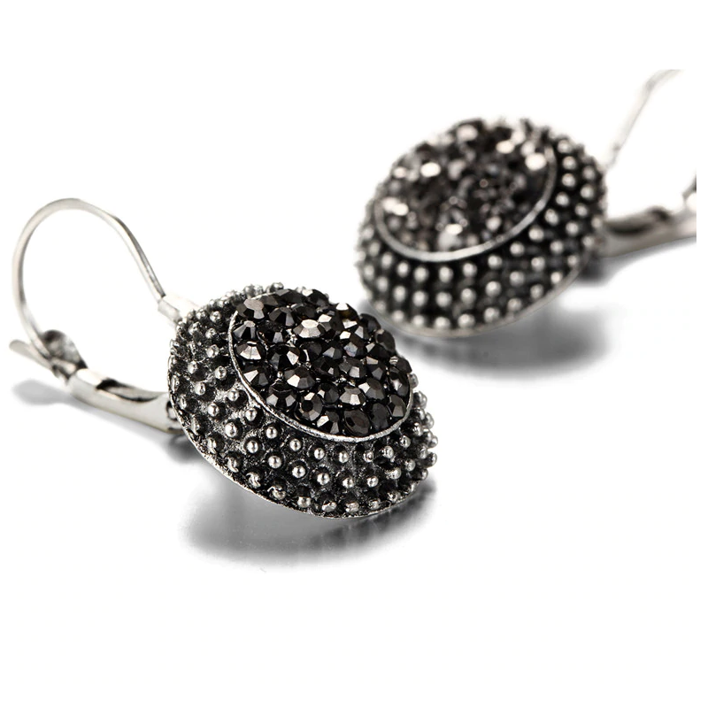 Black Crushed Sparkling Crystals Marcasite Vintage Style Lever Back Earrings for Women