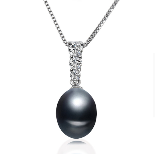 CZ Bar Drop Sterling Silver Tahitian Black Genuine Freshwater Pearl Drop Necklace for Woman
