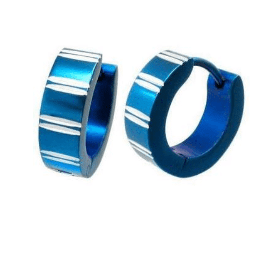 Diamond Cut Blue Stainless Steel Huggie Hoop Earrings - For Men or Women
