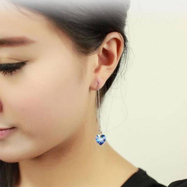Aqua Blue Austrian Crystal Heart Silver Thread Earrings For Woman