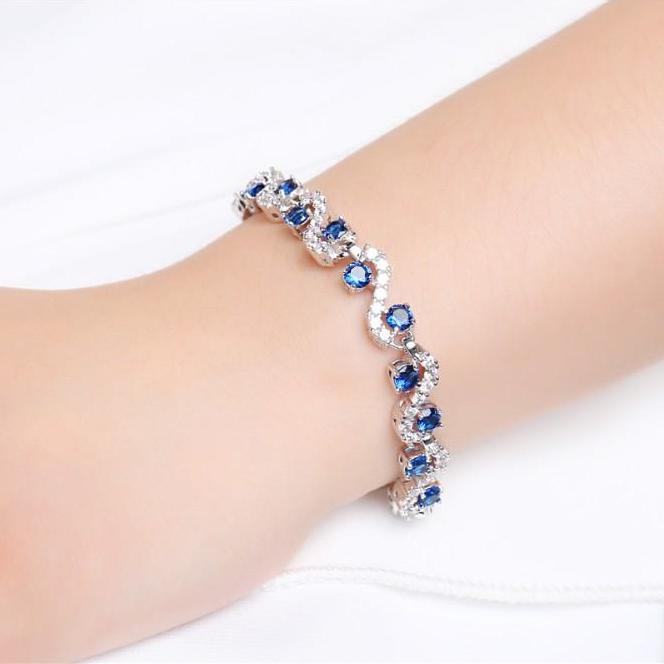 Petite 14K White Gold Plated Sapphire Blue Waves CZ Diamonds Small Wrist Tennis Bracelet for Women Special Occasion