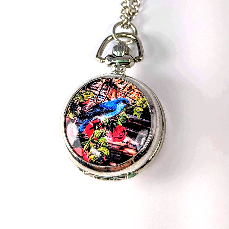 Blue bird Artsy Enamel Mini Pocket Watch Necklace For Women
