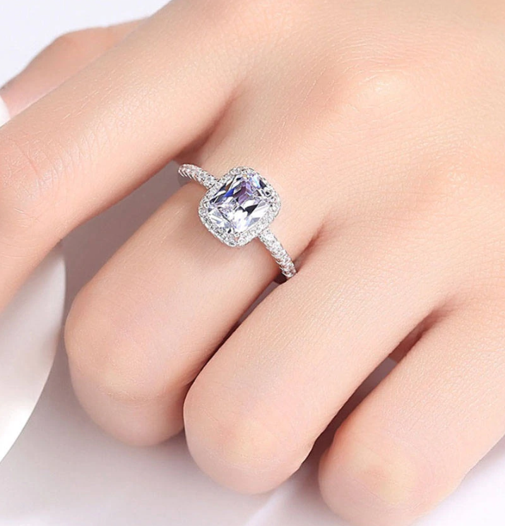 18K White Gold Bonne Vie Radiant Emerald Cut White Zirconia Halo Ring For Woman