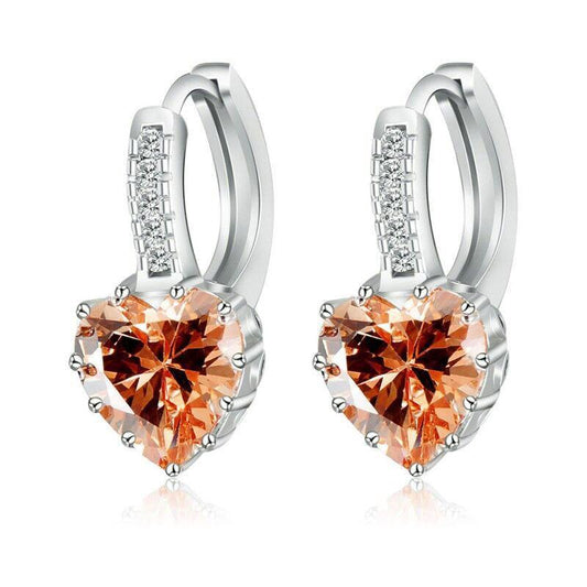 Heart Shaped Champagne Diamond CZ Solitaire Hoop Earrings for Woman