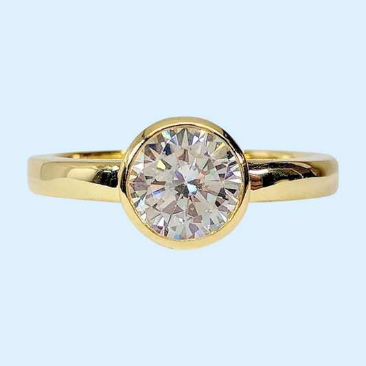 Coco D'ora 1.25CT Round Bezel Set IOBI Simulated Diamond Solitaire 18K Gold over Sterling Silver Ring for Women