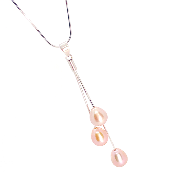 Peach Triple Genuine Freshwater Pearl Sterling Silver Tassel Necklace for Women