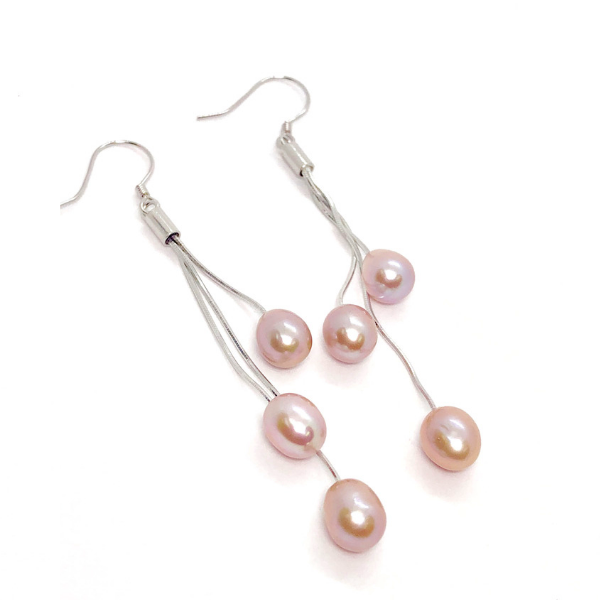 Peach Triple Genuine Freshwater Pearl Sterling Silver Tassel Earrings for Women
