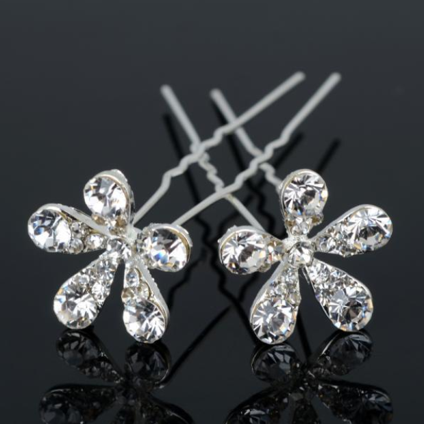 Small Crystal Encrusted Flower Silver Plated Hair Pins for Women, Ladies and teen