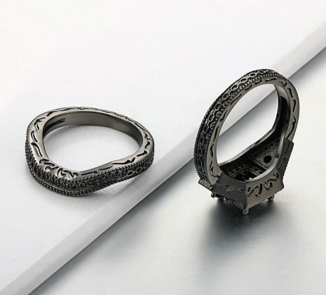 18K Black Gold Plated Dark Desire Princess Cut Black CZ Engagement Ring Set For Woman