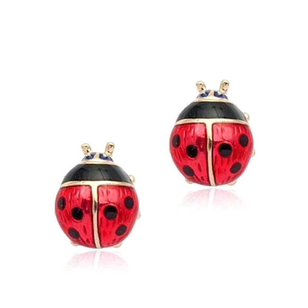 Delightful Red Enamel and Gold Lady Bug Stud Earrings For Woman