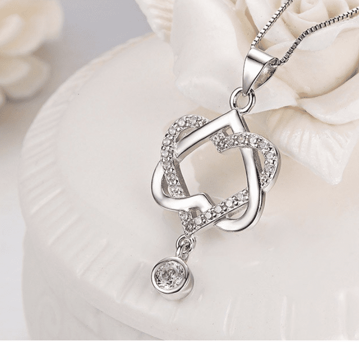 14K White Gold Plated Interlocked Heart Drop CZ Pendant Necklace For Woman