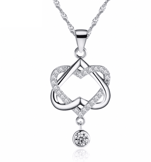 14K White Gold Plated Interlocked Heart Drop CZ Pendant Necklace For Woman