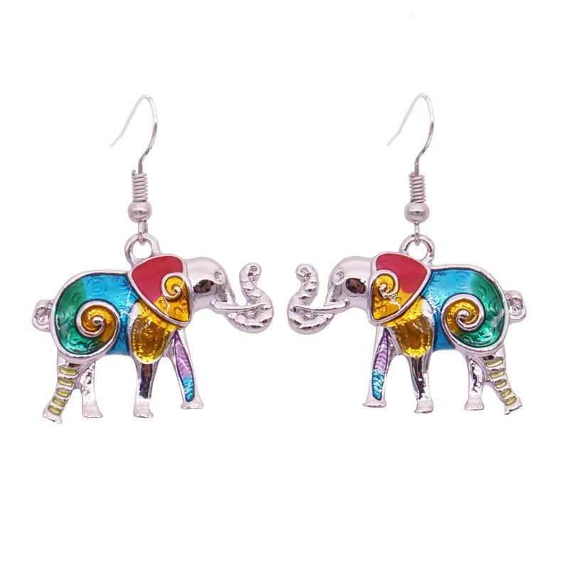 Eclectic Elephant Enamel and White Gold Plated Necklace and Earrings Set for Women