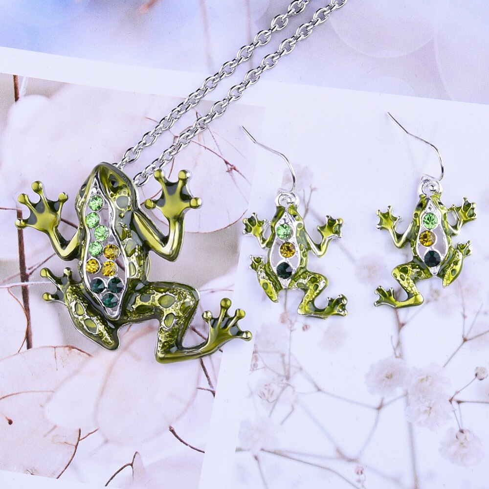 Fabulous Frog Enamel & CZ Necklace & Earrings Set for Woman