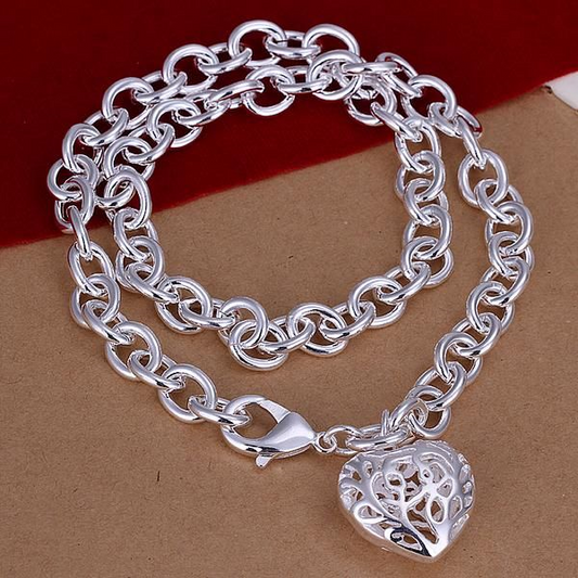 Fancy Scroll Puffed Heart Charm Silver Necklace for Women Heavy Lobster Claw Clasp