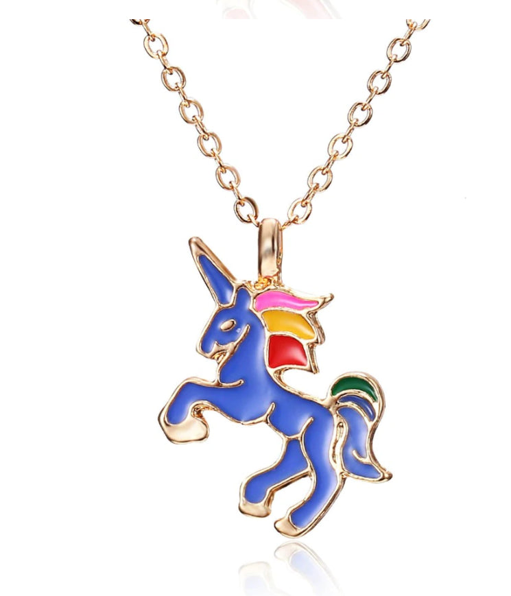 A Little Fantasy Unicorn Gold & Enamel Necklace In Blue Black or Pink